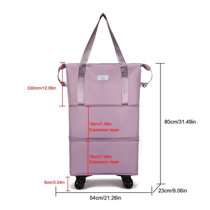 Folding Luggage Bags Expandable Rolling Duffle Pack With Wheel Large Capacity Oxford Clot Dry-Wet Separation Outdoor Weekend Bag