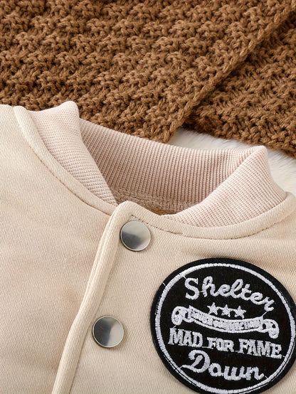 Long Sleeve Boys' Winter Two-Piece Set, Cotton And Polyester Blend Knit Sweater And Pants, Casual Outfit With Alphabet Pattern, Machine Washable, Outdoor Cloth