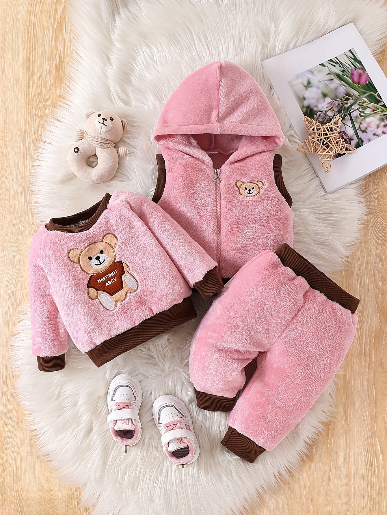 Cozy Boys' 3pcs Winter Set: Cute Panda Embroidered Plush Hooded Jacket & Matching Pants with Bear Doll Detail - Machine Washable, Polyester, Pink, Boys Winter Clothing|Matching Pants Set|Plush Polyester Fabric, Perfect for Ou
