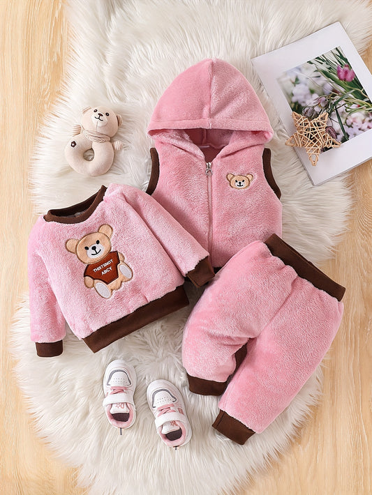 Cozy Boys' 3pcs Winter Set: Cute Panda Embroidered Plush Hooded Jacket & Matching Pants with Bear Doll Detail - Machine Washable, Polyester, Pink, Boys Winter Clothing|Matching Pants Set|Plush Polyester Fabric, Perfect for Ou
