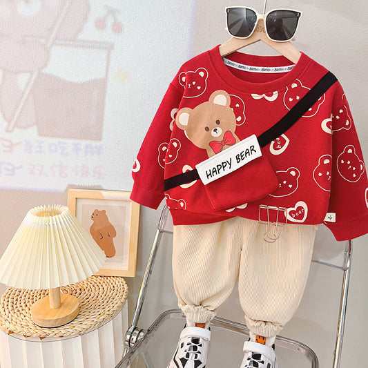 Printed Cartoon Round Neck Long-sleeve Suit Baby Casual Trousers Two-piece Suit
