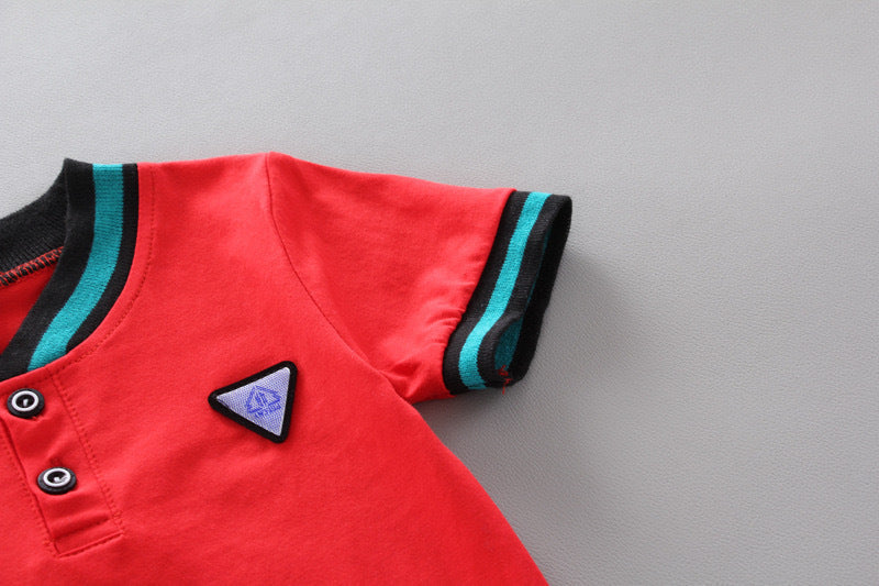 Summer Children's Boys' Handsome Casual Stand Collar Two-button Triangle Mark Short-sleeved Shorts Two-piece Set