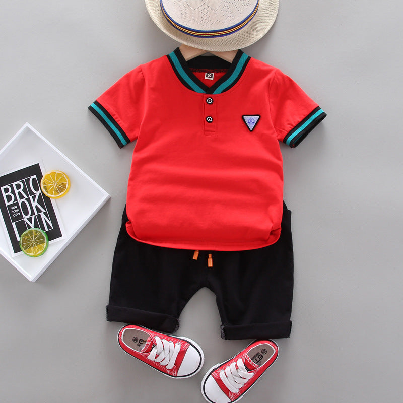 Summer Children's Boys' Handsome Casual Stand Collar Two-button Triangle Mark Short-sleeved Shorts Two-piece Set