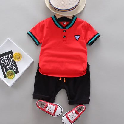 Summer Children's Boys' Handsome Casual Stand Collar Two-button Triangle Mark Short-sleeved Shorts Two-piece Set