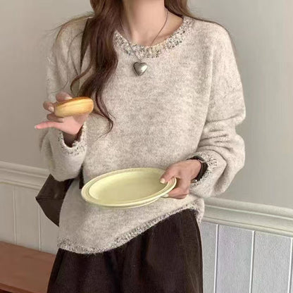 Autumn And Winter Design Collar Hem Bright Silk Solid Color Mohair Sweater