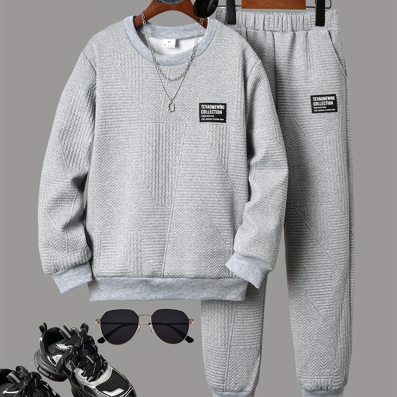 Boys' Stylish Long Sleeve Sweatshirt & Jogger Pants Set - Cozy Fleece-Lined Casual Outfit with "STRENGTH" Print, Brown & Color Block Design, Perfect for Fall/Winter, Boys Clothes, Autumn Clothes For Boys, Winter Clothes For B