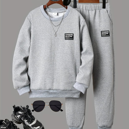 Boys' Stylish Long Sleeve Sweatshirt & Jogger Pants Set - Cozy Fleece-Lined Casual Outfit with "STRENGTH" Print, Brown & Color Block Design, Perfect for Fall/Winter, Boys Clothes, Autumn Clothes For Boys, Winter Clothes For B