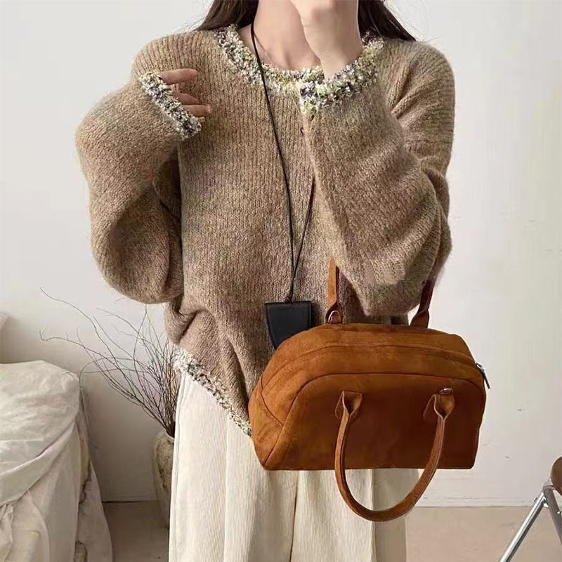 Autumn And Winter Design Collar Hem Bright Silk Solid Color Mohair Sweater