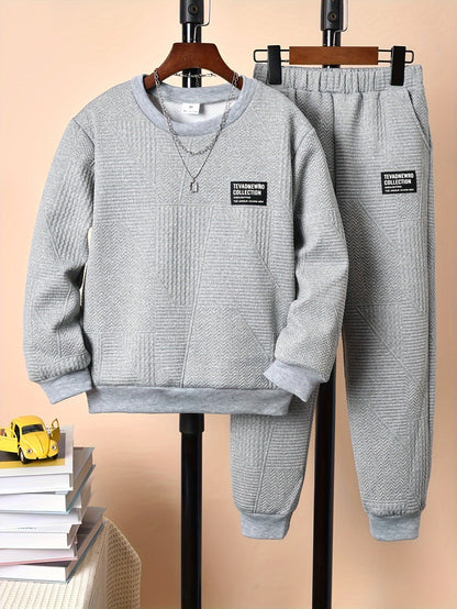 Boys' Stylish Long Sleeve Sweatshirt & Jogger Pants Set - Cozy Fleece-Lined Casual Outfit with "STRENGTH" Print, Brown & Color Block Design, Perfect for Fall/Winter, Boys Clothes, Autumn Clothes For Boys, Winter Clothes For B