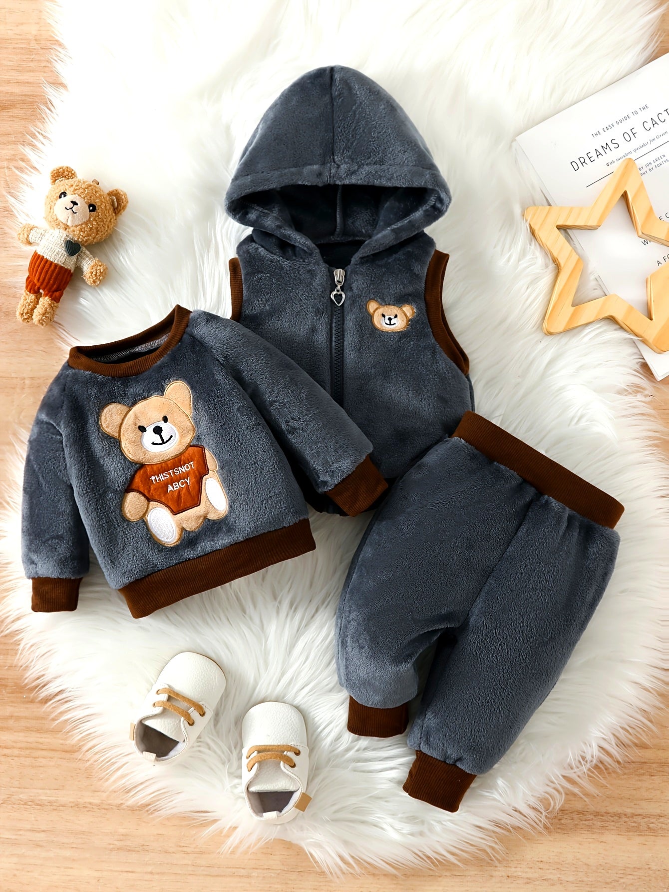 Cozy Boys' 3pcs Winter Set: Cute Panda Embroidered Plush Hooded Jacket & Matching Pants with Bear Doll Detail - Machine Washable, Polyester, Pink, Boys Winter Clothing|Matching Pants Set|Plush Polyester Fabric, Perfect for Ou