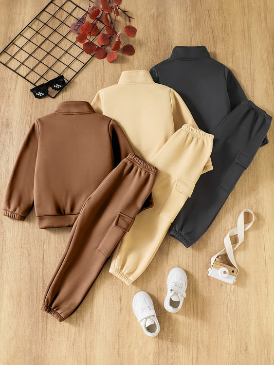 6pcs Set Boys' Winter Warm Full-Zip & Half-Zip Sweatsuit Set with Stand Collar - Beige/Brown/Black/Gray/White/Blue - Soft Long Sleeve Outfits with Pockets, Elastic Waist Pants for School & Play - Easy Hand Wash Care (Casual &