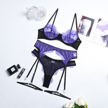 Womens Fashion Mesh Perspective Cross Garter Belt Four Piece Set