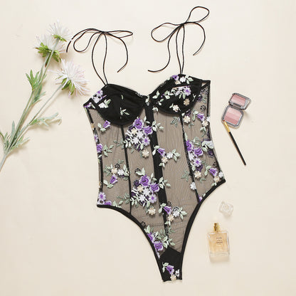 ArtSu Purple Floral Embroidery Lace Bodysuits Womens Bow