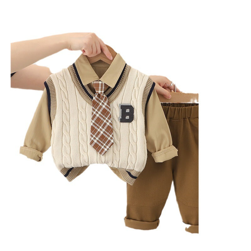 Boys Autumn Clothing Suit Tie B- Shaped Sweater Three-piece Set