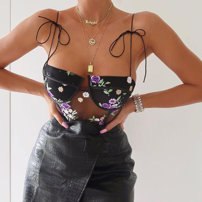 ArtSu Purple Floral Embroidery Lace Bodysuits Womens Bow