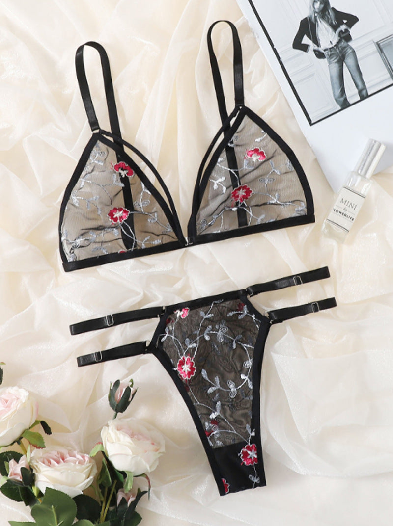 Three-point Embroidered Flower Bra-Pant Split Set