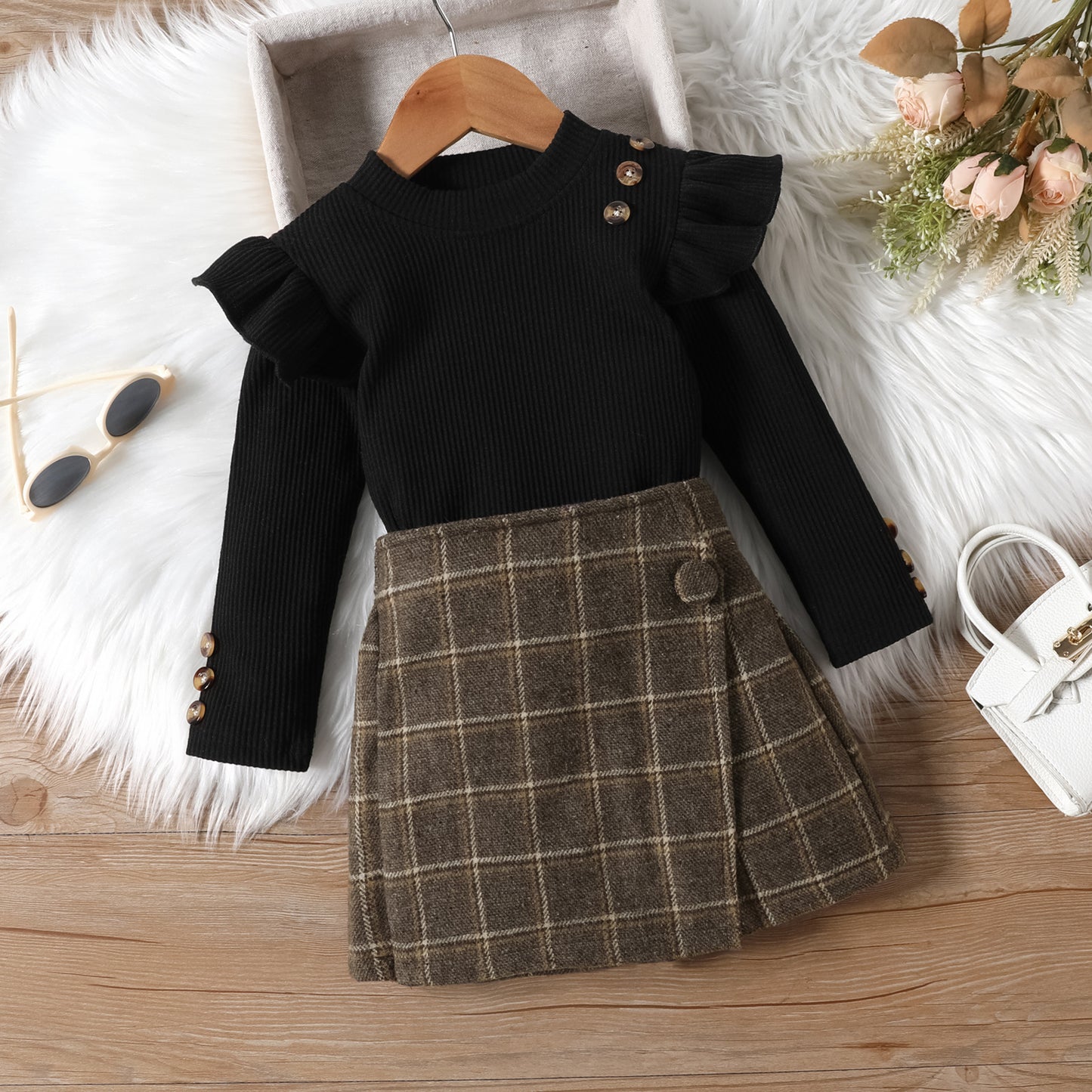 Girl Long-sleeved Blouse Irregular Skirt Suit