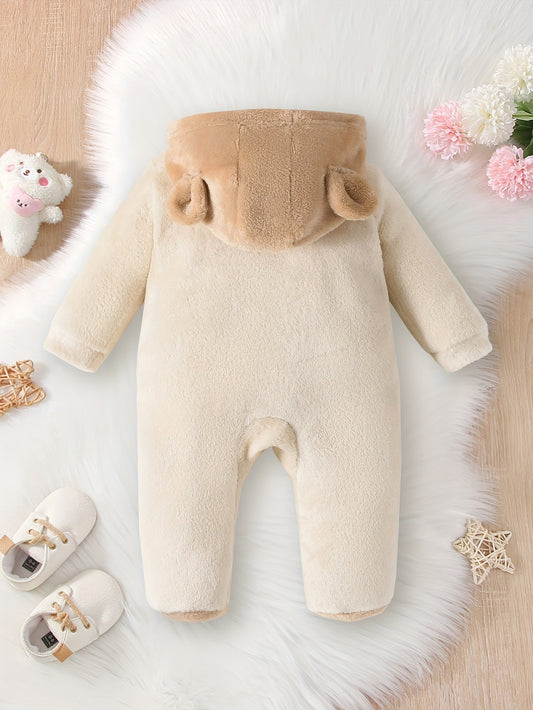 Cozy Boys' Winter Bear Print Hooded Onesie - Warm, Soft Polyester, Long Sleeve, Machine Washable, Casual Style, Bear Decor, Perfect for Outdoor