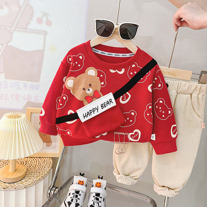 Printed Cartoon Round Neck Long-sleeve Suit Baby Casual Trousers Two-piece Suit