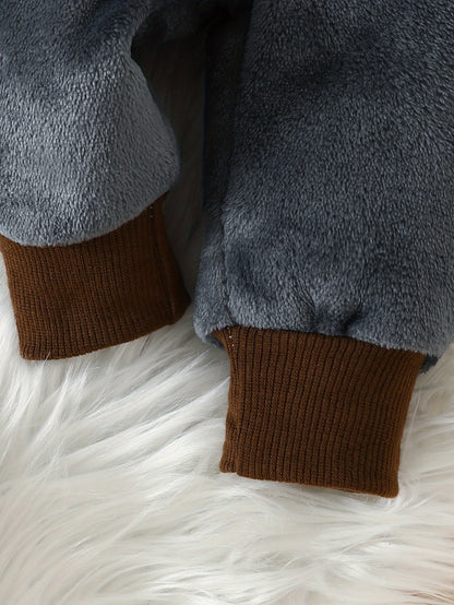 Cozy Boys' 3pcs Winter Set: Cute Panda Embroidered Plush Hooded Jacket & Matching Pants with Bear Doll Detail - Machine Washable, Polyester, Pink, Boys Winter Clothing|Matching Pants Set|Plush Polyester Fabric, Perfect for Ou