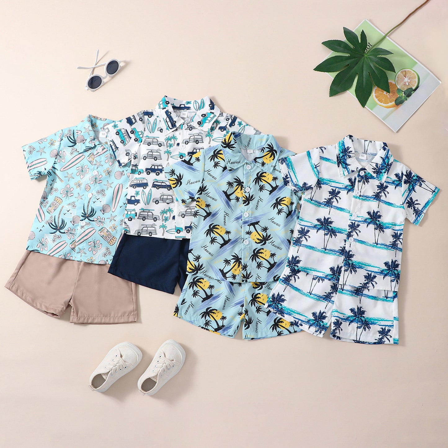 Boys' Summer Short Sleeve Printed Shirt Suit Summer Children's Beach Hawaii Holiday New Suit In Stock