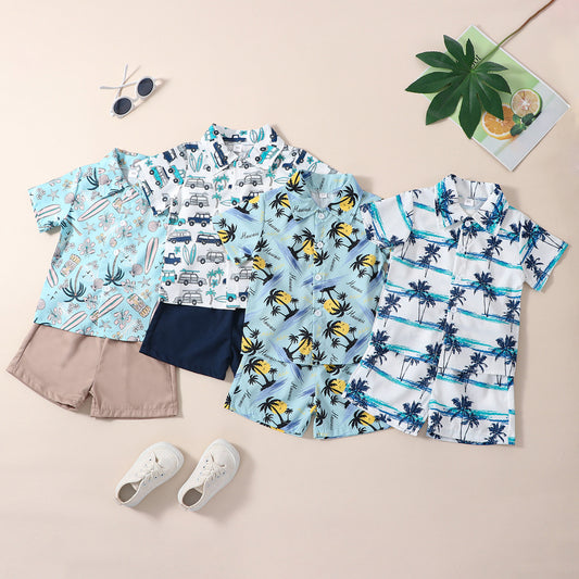 Boys' Summer Short Sleeve Printed Shirt Suit Summer Children's Beach Hawaii Holiday New Suit In Stock