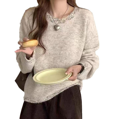 Autumn And Winter Design Collar Hem Bright Silk Solid Color Mohair Sweater