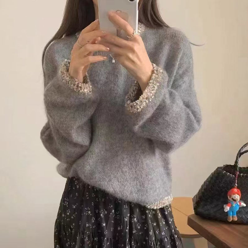 Autumn And Winter Design Collar Hem Bright Silk Solid Color Mohair Sweater