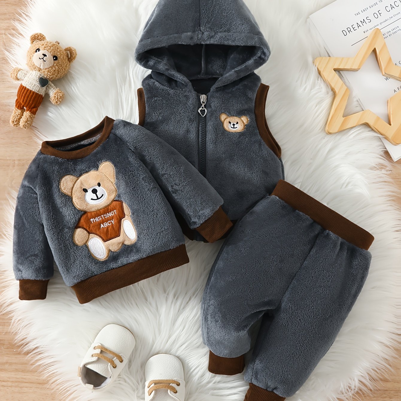 Cozy Boys' 3pcs Winter Set: Cute Panda Embroidered Plush Hooded Jacket & Matching Pants with Bear Doll Detail - Machine Washable, Polyester, Pink, Boys Winter Clothing|Matching Pants Set|Plush Polyester Fabric, Perfect for Ou