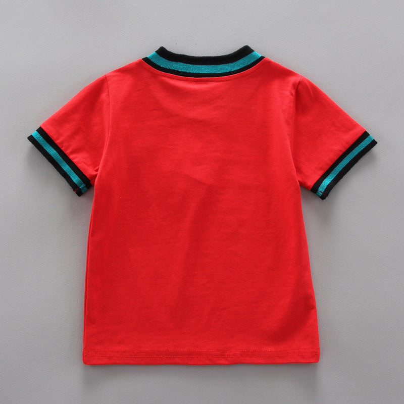 Summer Children's Boys' Handsome Casual Stand Collar Two-button Triangle Mark Short-sleeved Shorts Two-piece Set