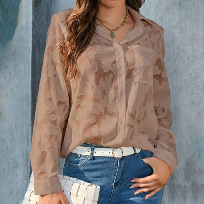 Womens Casual Sheer Button Down Shirts Long Sleeve V Neck Jacquard Blouses Tops