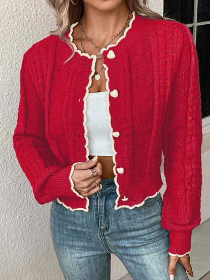 Elegant Contrast Color Lace Heart-shaped Button Knitted Cardigan Coat