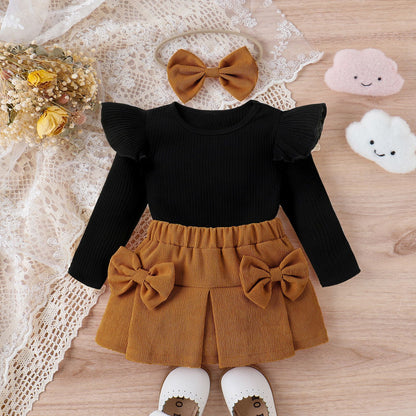 Infant Toddler Lace Bowknot Short Dress With Headdress Three-piece Set