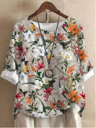 Women's Cotton And Linen Fashion Printed Loose Shirt