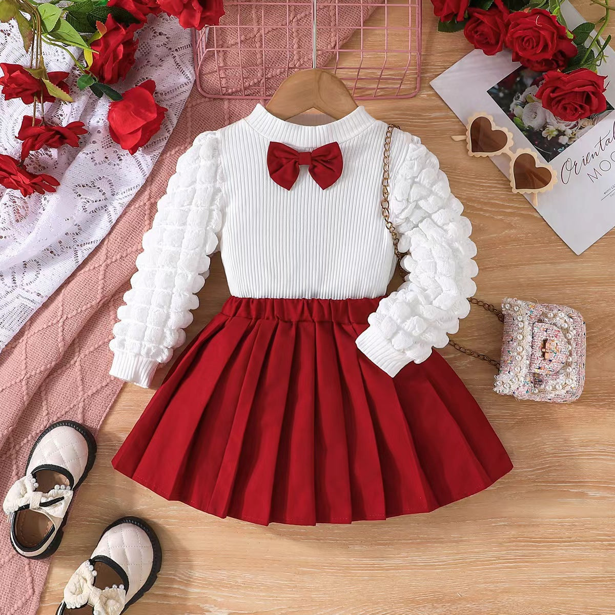 Two Piece Set Of Girls' Bubble Sleeve Skirt