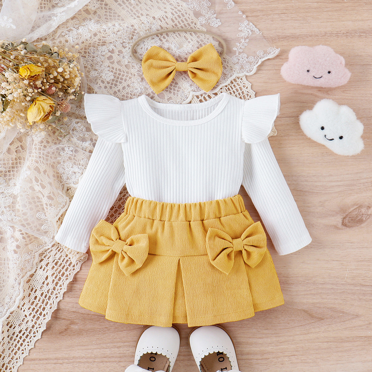 Infant Toddler Lace Bowknot Short Dress With Headdress Three-piece Set
