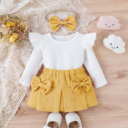 Infant Toddler Lace Bowknot Short Dress With Headdress Three-piece Set