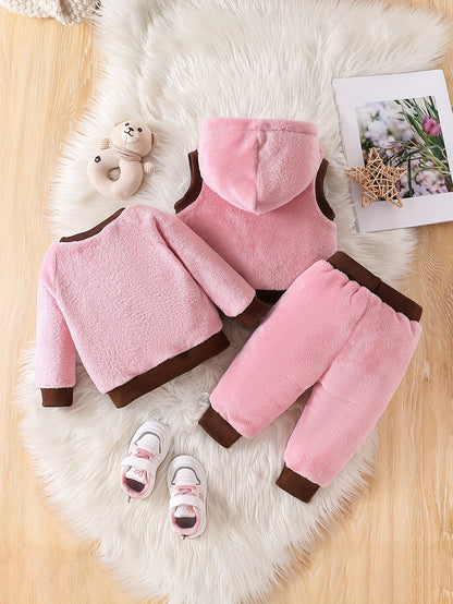 Cozy Boys' 3pcs Winter Set: Cute Panda Embroidered Plush Hooded Jacket & Matching Pants with Bear Doll Detail - Machine Washable, Polyester, Pink, Boys Winter Clothing|Matching Pants Set|Plush Polyester Fabric, Perfect for Ou