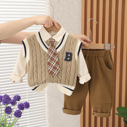 Boys Autumn Clothing Suit Tie B- Shaped Sweater Three-piece Set
