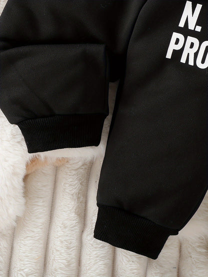 Long Sleeve Boys' Winter Two-Piece Set, Cotton And Polyester Blend Knit Sweater And Pants, Casual Outfit With Alphabet Pattern, Machine Washable, Outdoor Cloth