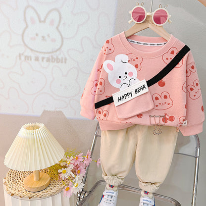 Printed Cartoon Round Neck Long-sleeve Suit Baby Casual Trousers Two-piece Suit