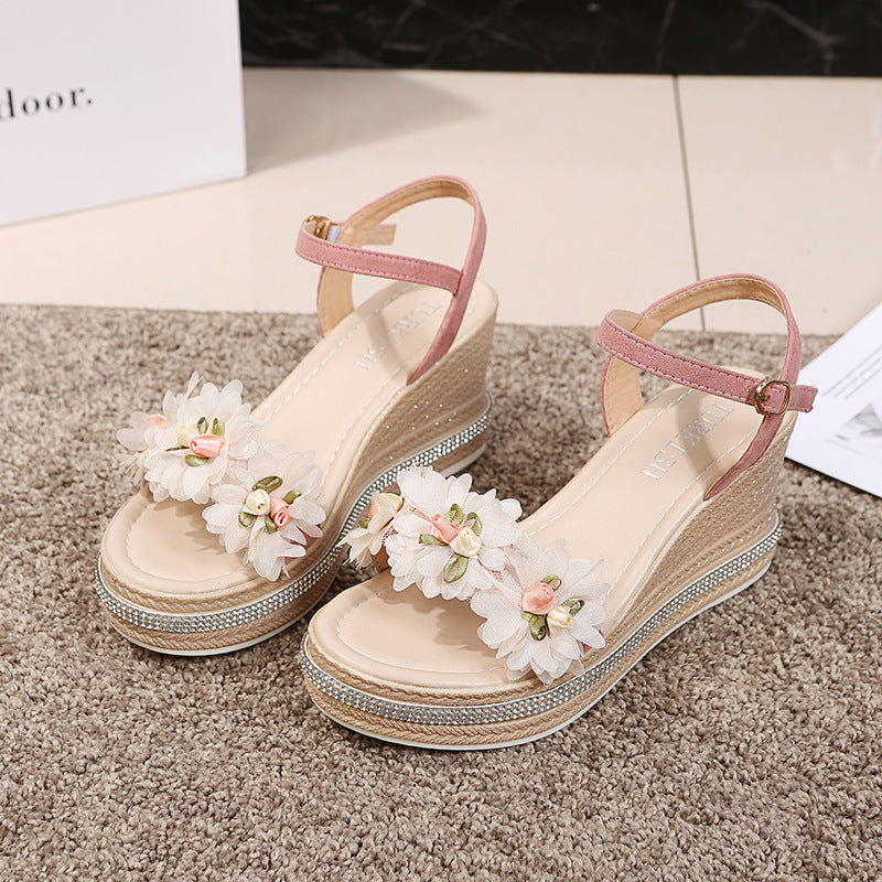 Muffin Wedge Beaded Flower Buckle Sandals