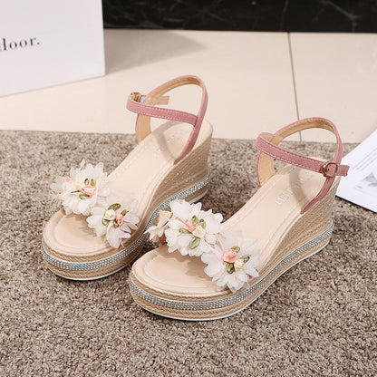 Muffin Wedge Beaded Flower Buckle Sandals