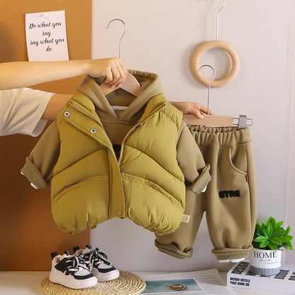 Winter New Baby Hooded Cotton Coat Long Sleeve Set for Boys and Girls' Vest with Velvet and Thickened Casual Three Piece Set