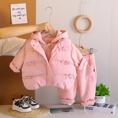 Winter New Baby Hooded Cotton Coat Long Sleeve Set for Boys and Girls' Vest with Velvet and Thickened Casual Three Piece Set