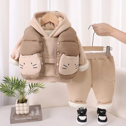 Winter New Baby Hooded Cotton Coat Long Sleeve Set for Boys and Girls' Vest with Velvet and Thickened Casual Three Piece Set
