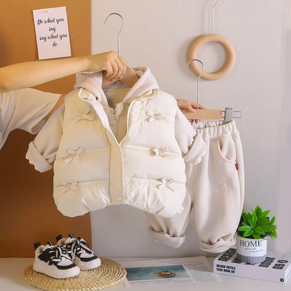 Winter New Baby Hooded Cotton Coat Long Sleeve Set for Boys and Girls' Vest with Velvet and Thickened Casual Three Piece Set