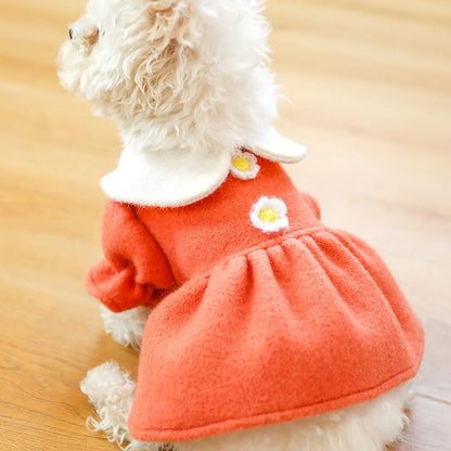 Winter Pet Dog Clothes Warm Dress Princess Puppy Doll Collar Flower Woolen Skirt Cold Tutu Coat Dress For Small Dogs Pet Apparel