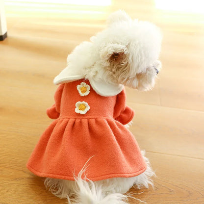 Winter Pet Dog Clothes Warm Dress Princess Puppy Doll Collar Flower Woolen Skirt Cold Tutu Coat Dress For Small Dogs Pet Apparel