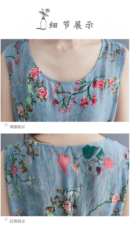 Women Summer Sleeveless Casual Dress New Arrival 2021 Vintage Style Floral Print Loose Cotton Linen Female Long Dresses B592